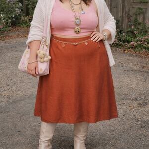 Ashley Stewart Sz 24W Linen Blend Burnt Orange Midi Skirt Phoebe Buffay Spring